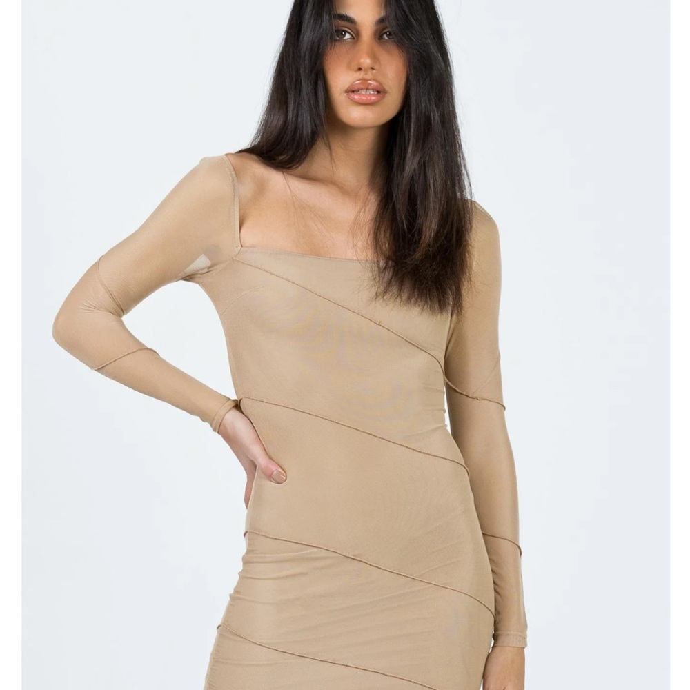 Mesh Tan Long Sleeve Dress